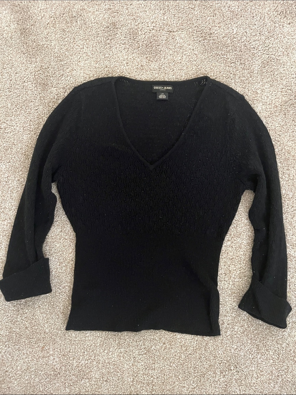 Vintage/Y2K Guess Jeans Black Cropped Sweater with Cuffed 3/4 Sleeve